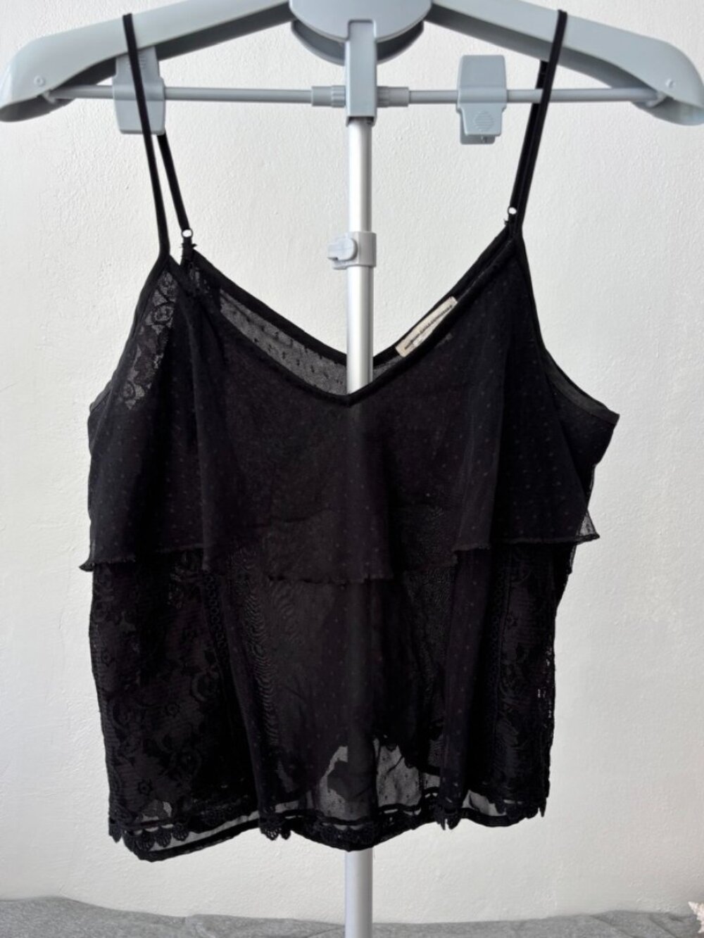 American Eagle Lace Camisole Top Womens S Black Ruffle Swiss Dot Boho Festival